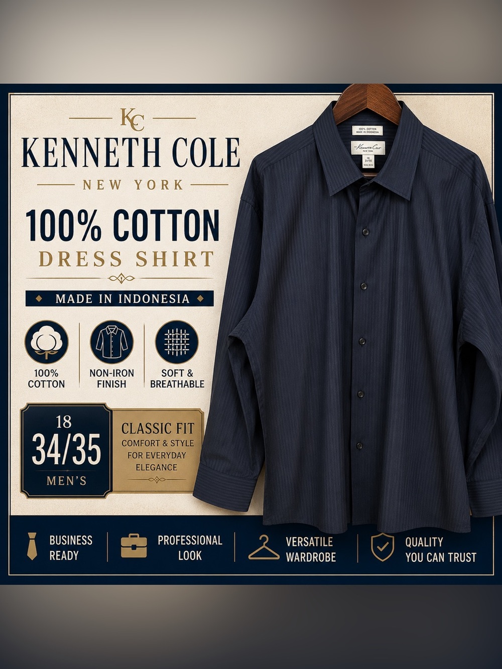 Kenneth Cole New York Black Self-Stripe Dress Shirt | 100% Cotton | 18 34/35